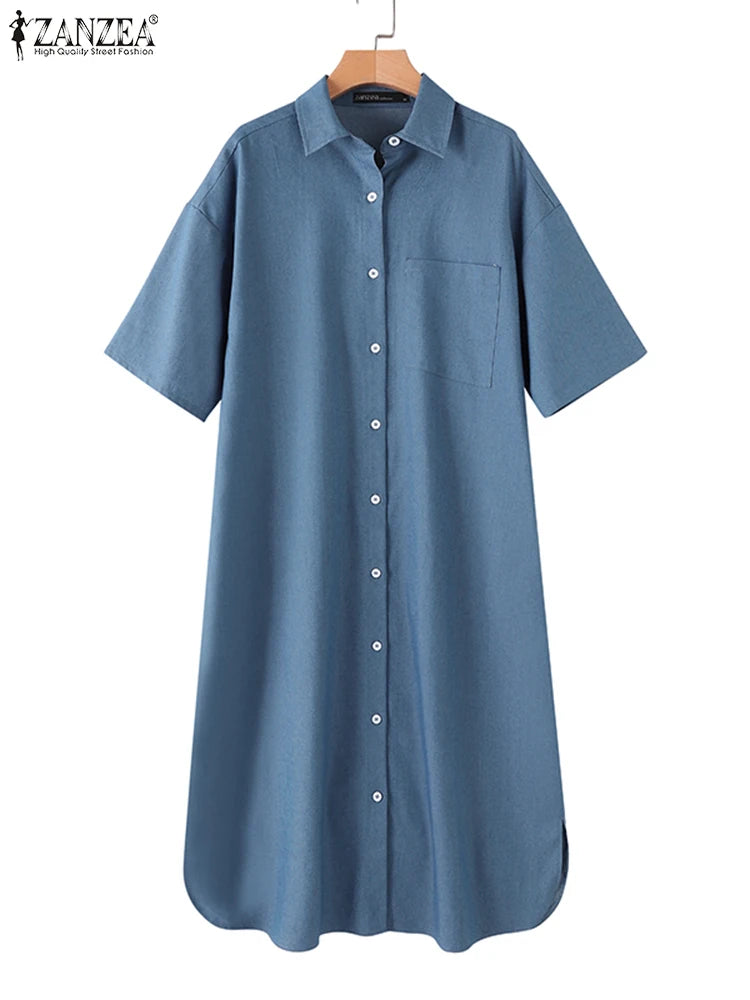 ZANZEA Elegant Solid Sundress Casual Denim Dress Woman Fashion Work OL Vestidos Short Sleeve Lapel Neck Shirtdress Oversized