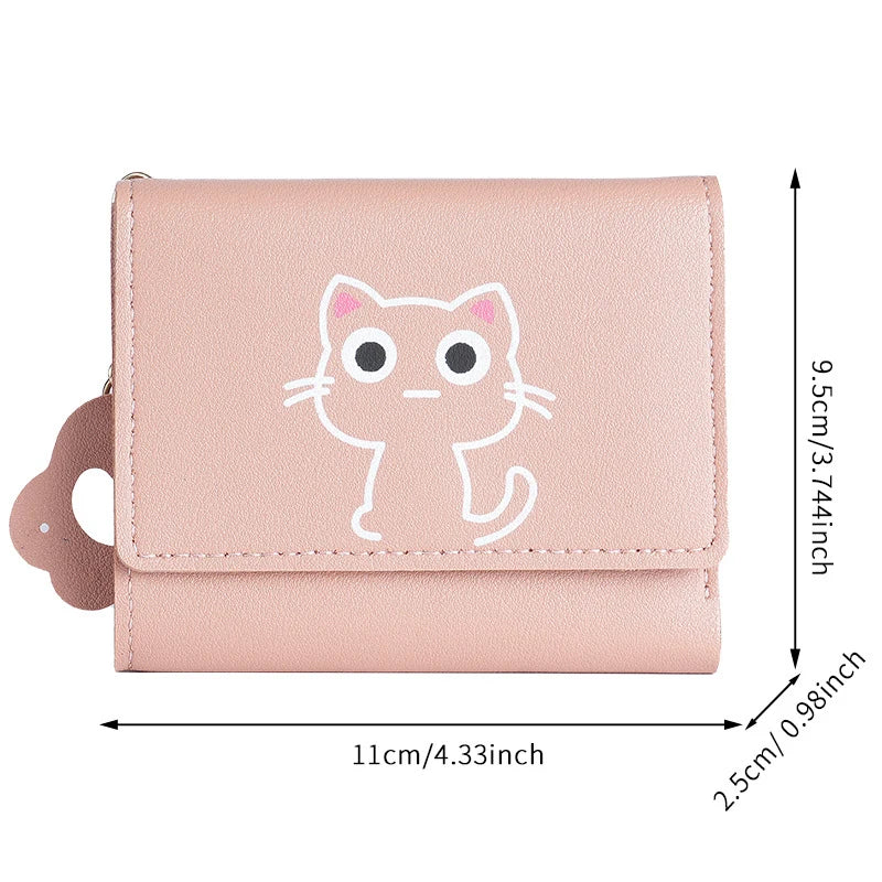 Women Wallet Cute Cat Short Wallet Leather Small Purse Multi Card Holder Money Bag