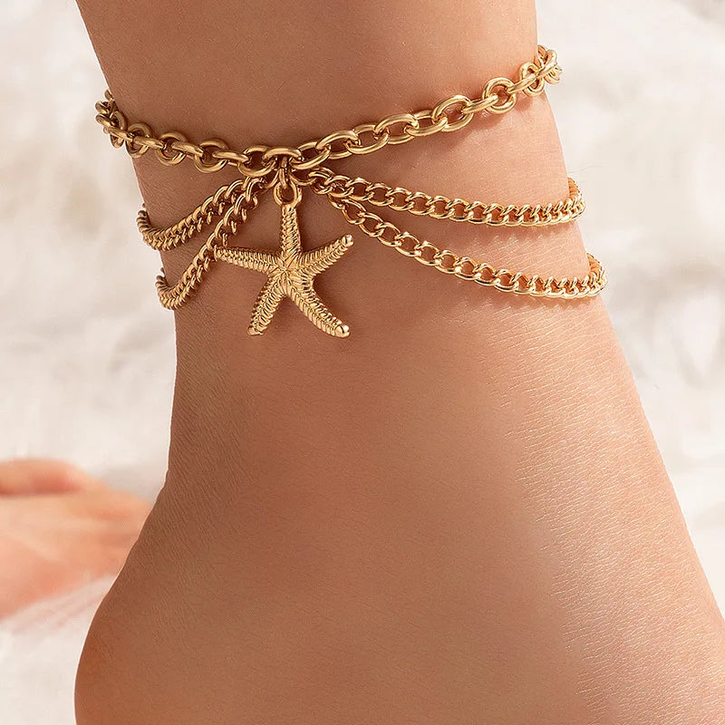 Classic Snake Multi-layer Anklet For Women Starfish Heart Shell Sexy Chain On Foot Leg Female Ankle Bracelet Beach Jewelry