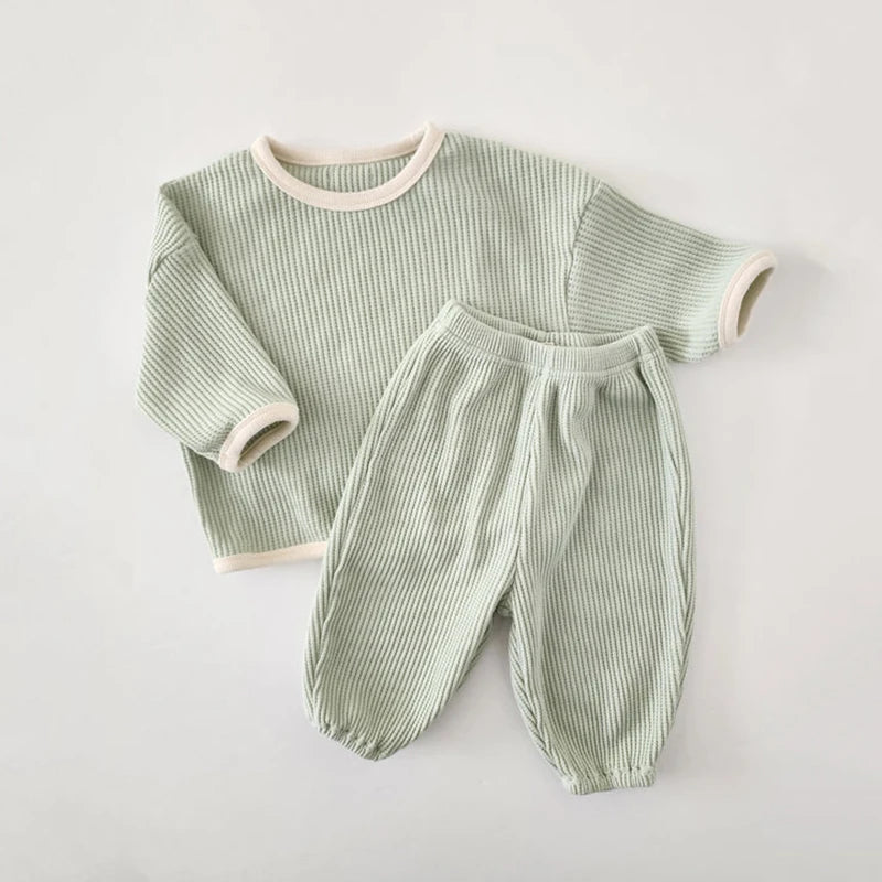 2023 Korean Spring and Autumn Baby Set Cotton Waffle Panel Top Pullover Set Solid Color Loose Elastic Infant/Toddler Sports Set