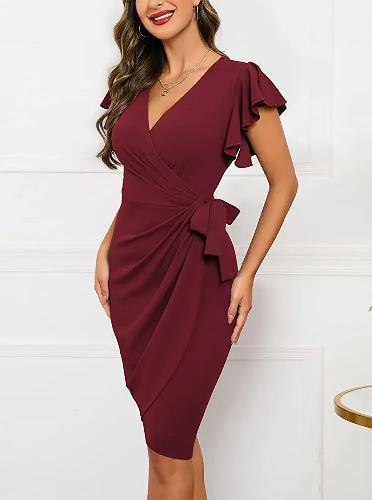 Bodycon Sexy Summer Dress Cocktail Faux Wrap Deep V Neck Ruffle Sleeve Ruched Party Work Formal Wedding Dresses for Women