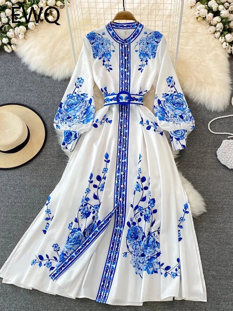 EWQ Chinese Style Print Long Dress For Women Lantern Sleeves Belt Gathered Waist A-line Dresses 2024 Spring New Clothing 27C168