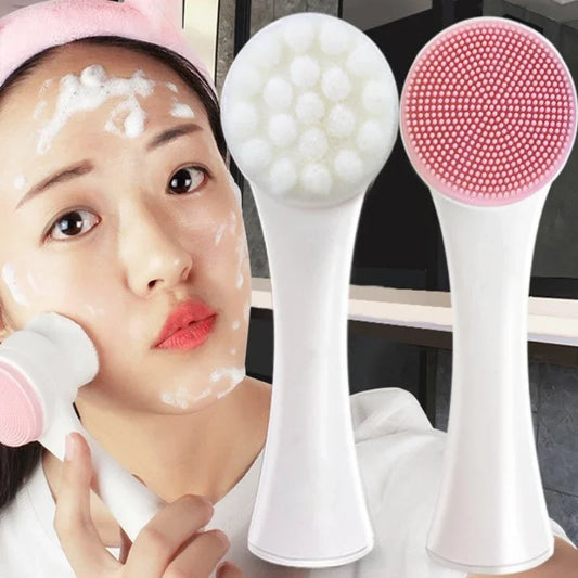 3D Double Side Face Washing Brush with OFT Fur Silica Instrument for Home Based Manual Face Clean and Pores Deep Cleanin