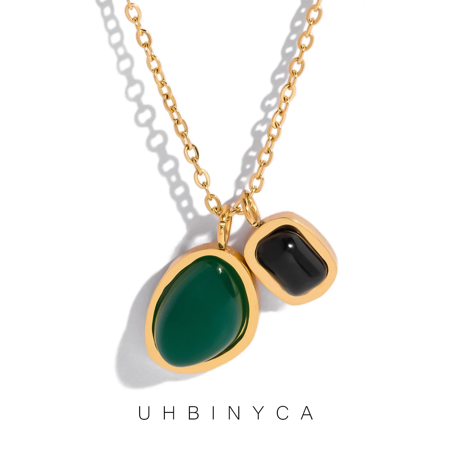 Emerald and Black Gemstone Double Pendant Necklace for Women, Stainless Steel Chain Jewelry, Earrings and Ankles