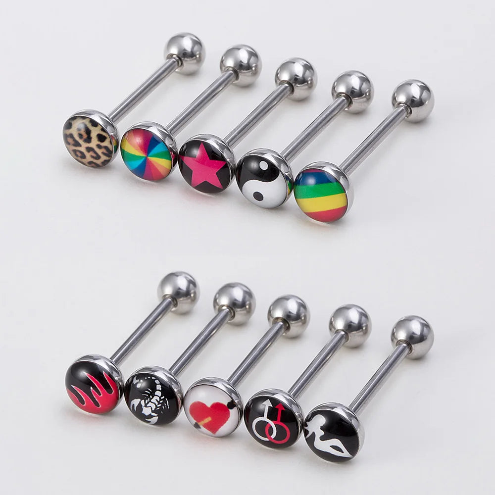 1pc 14G Sexy Tongue Piercings Jewelry Heart Round Tongue Ring Piercing Barbell for Women Men Acrylic Flat Top Surgical Steel Bar