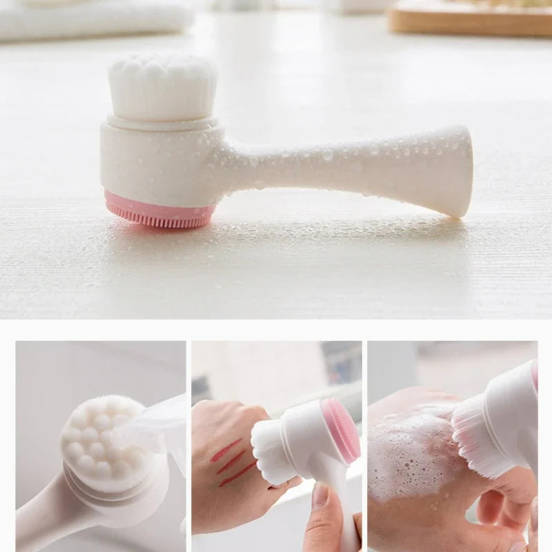 3D Double Side Face Washing Brush with OFT Fur Silica Instrument for Home Based Manual Face Clean and Pores Deep Cleanin