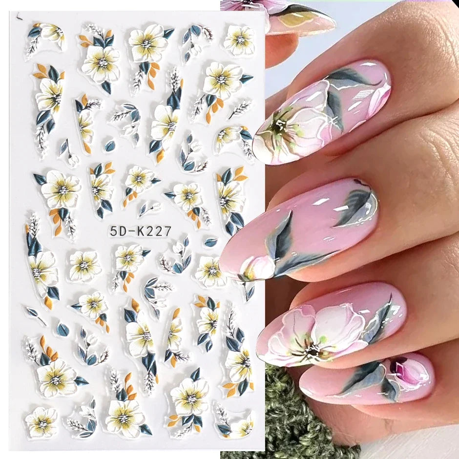 Little Daisy Flowers Nail Sticker 5D Engraved Mimosa Iris Floral Leaf Design Adhesive Sliders Wedding Bride Manicure Decorations