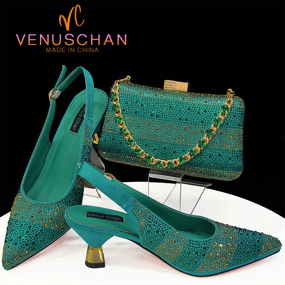 Venus Chan African Ladies Shoes and Bag Set INS Style Green Color Elegant High Heels Nigerian Design Wedding Party 2024 Newest