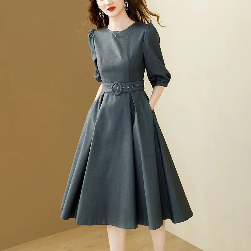 Fashion Office Ladies Work Midi Long Dress Women Elegant Puff Sleeves O-Neck Grey A-Line Belt Tunic Dress Spring Summer 2023