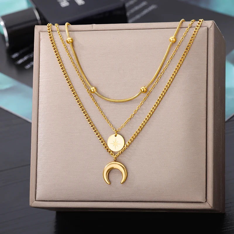 Fashion Moon Pendant Necklaces For Women Stainless Steel Multilayer Gold Plated Chain Moon Necklace Birthday Jewelry Gift BFF