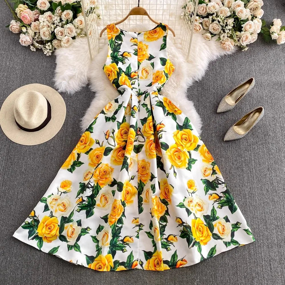 Fashion Runway Summer Midi Long Women Dress O-Neck Sleeveless Elegant Yellow Rose Print  Office Lady Work Wear Vestidos 6839