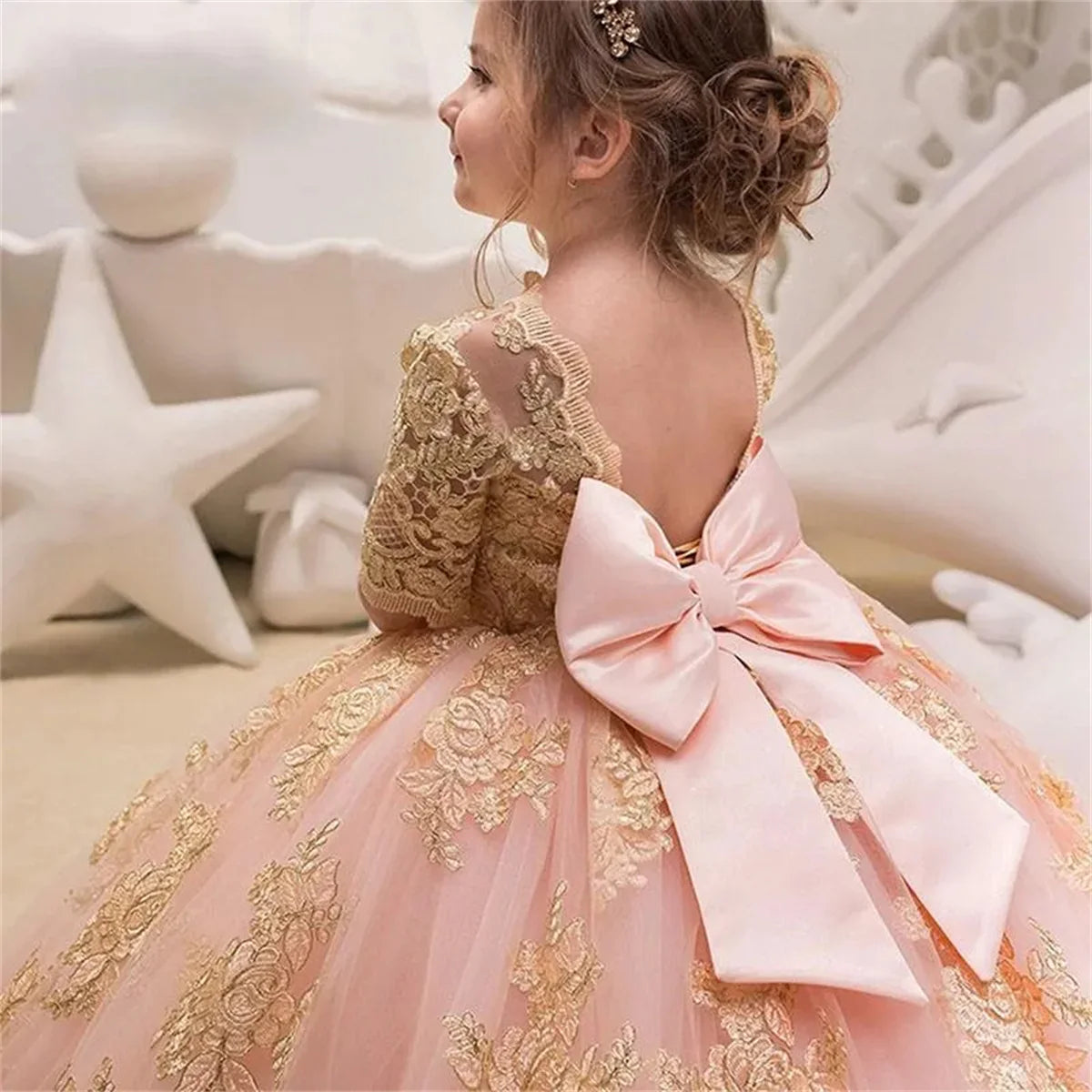 Gorgeous Pink Flower Girl Dresses Bow Long Tulle Gold Appliques Princess Wedding Birthday Party Dress Child Pageant Ball Gowns