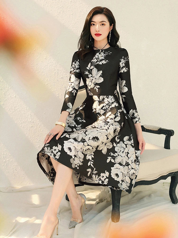 New Jacquard Dress Women Autumn Long Sleeve Party Dress O-neck  Flower Dresses Elegant Work Casual Luxury Ladies Clothing