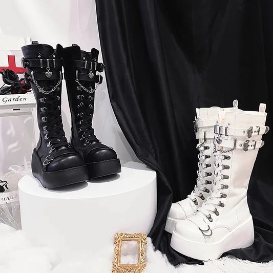 Metal Buckle Chunky Platform Punk Boots Women 2023 Winter Gothic Thick Bottom Knee High Boots Woman Black Wedges Cosplay Shoes