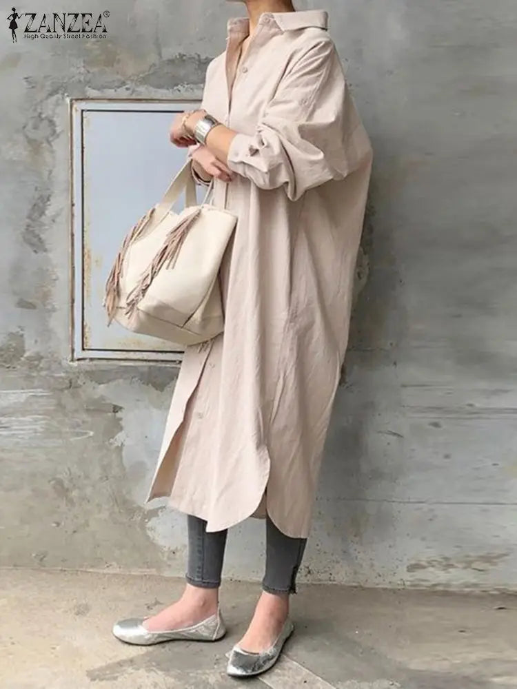 ZANZEA  Women Autumn Sundress Elegant Long Shirt Dress Lapel Neck Long Sleeve Solid Vestido Casual Loose Work Dresses Robe Femme