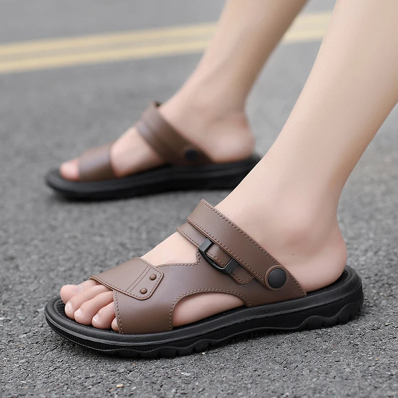 Men's Slippers Summer New Sandals Men PU Leather Sandals Adult Thick-soled Beach Shoes Non-slip Open-toe Sandals