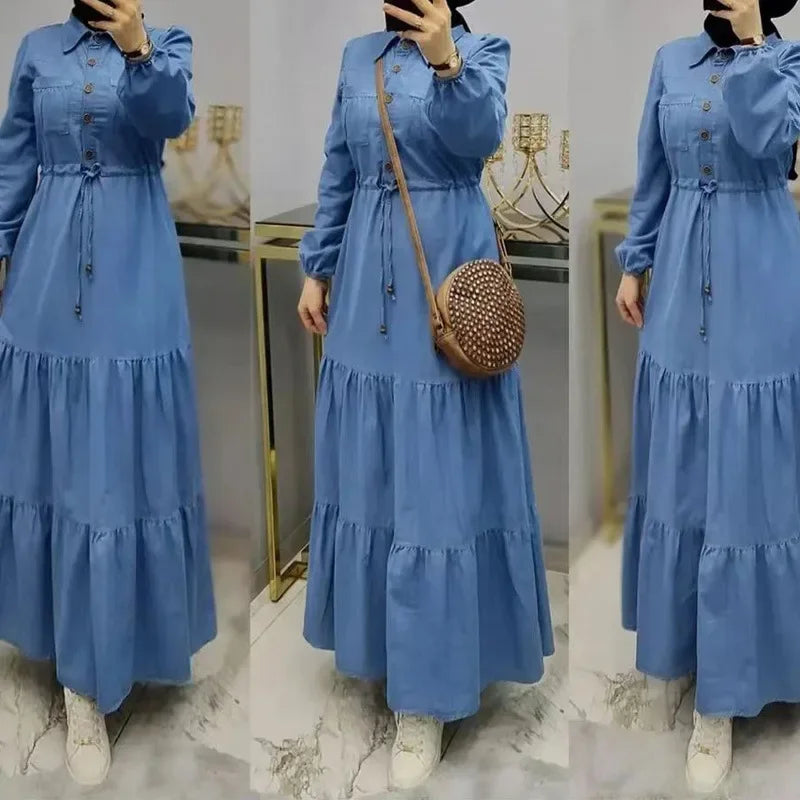 Femme Caftan Islam Clothing Elegant Denim Dress Single-breasted Dubai Turkey Kaftan Muslim Turn Down Collar Dresses for Women