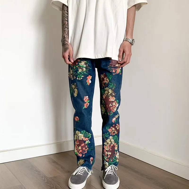 2023 Kanye Y2K Fashion Flowers Print Slim Hip Hop Jeans Pants For Men Clothing Skateboard Streetwear New Rock Denim Trousers