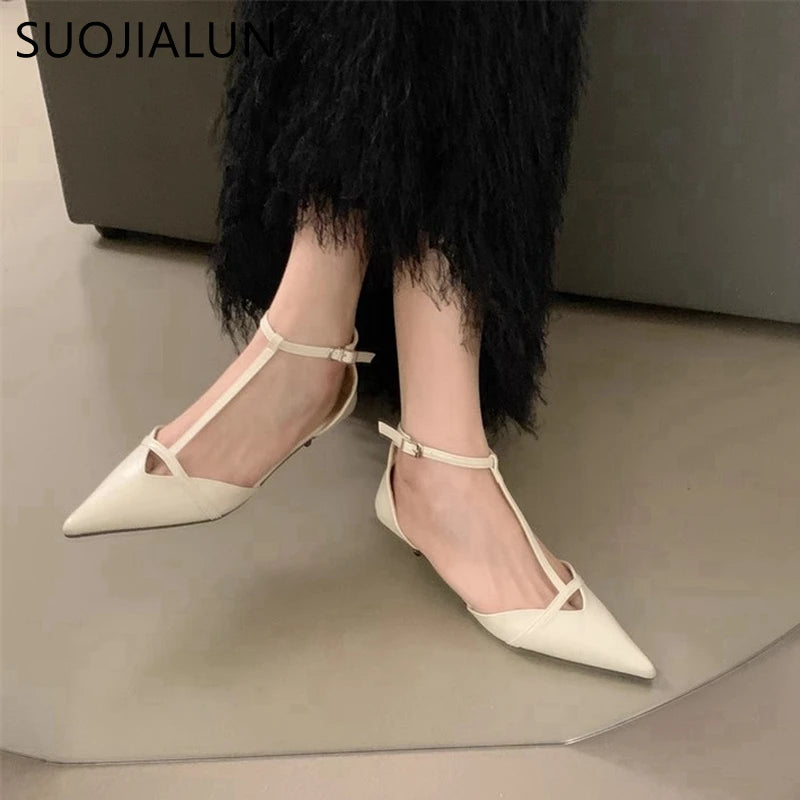 SUOJIALUN Spring New Women Sandal Fashion Pointed Toe Shallow Ladies Elegant Slingback Shoes Thin Low Heel Outdoor Dress Pumps